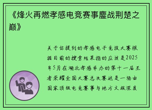 《烽火再燃孝感电竞赛事鏖战荆楚之巅》